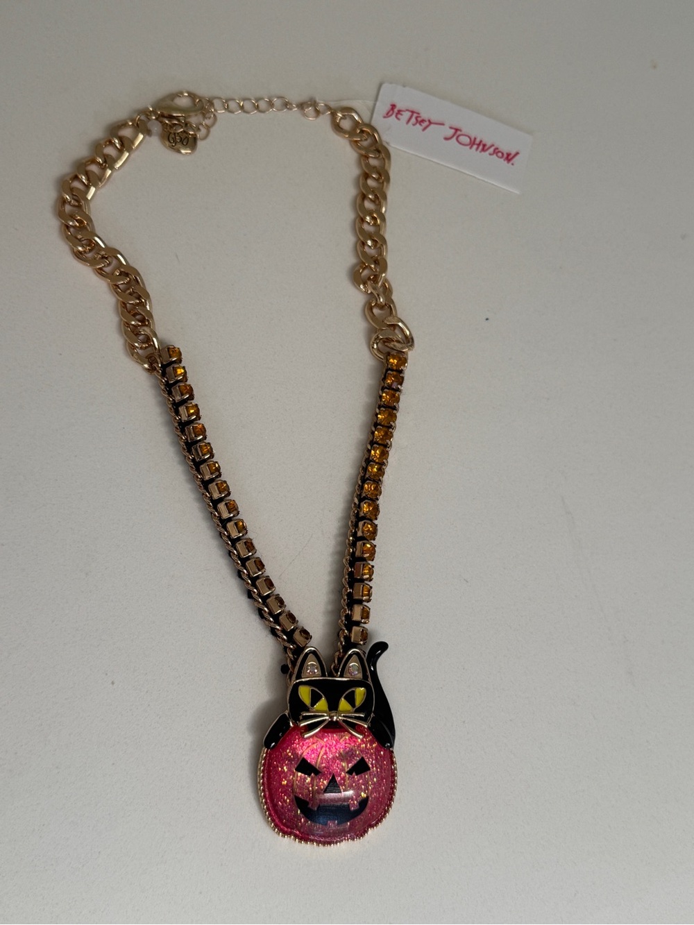 Betsey Johnson Gold Chain Necklace with Pink Glitter Pumpkin & Black Cat